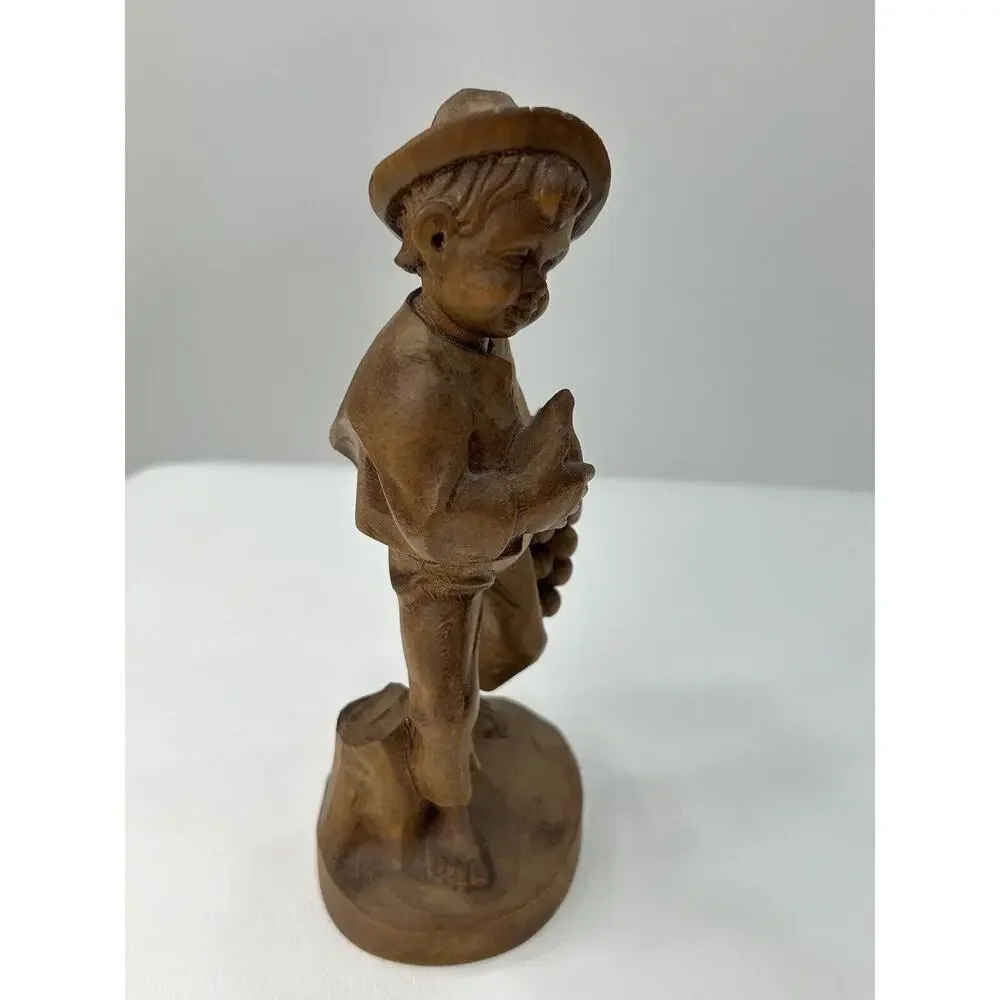 Vintage 1960’s Brown Wood Hand Carved German Oberammergau Boy‎ Holding Grapes